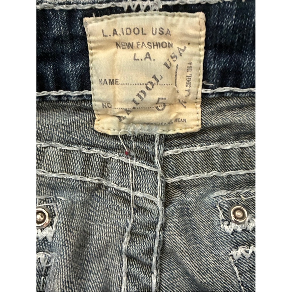 L.A. Idol USA Heavy Stitch Flare Jeans Low Rise Dark Wash Y2K Western Size 5 - Picture 2 of 8